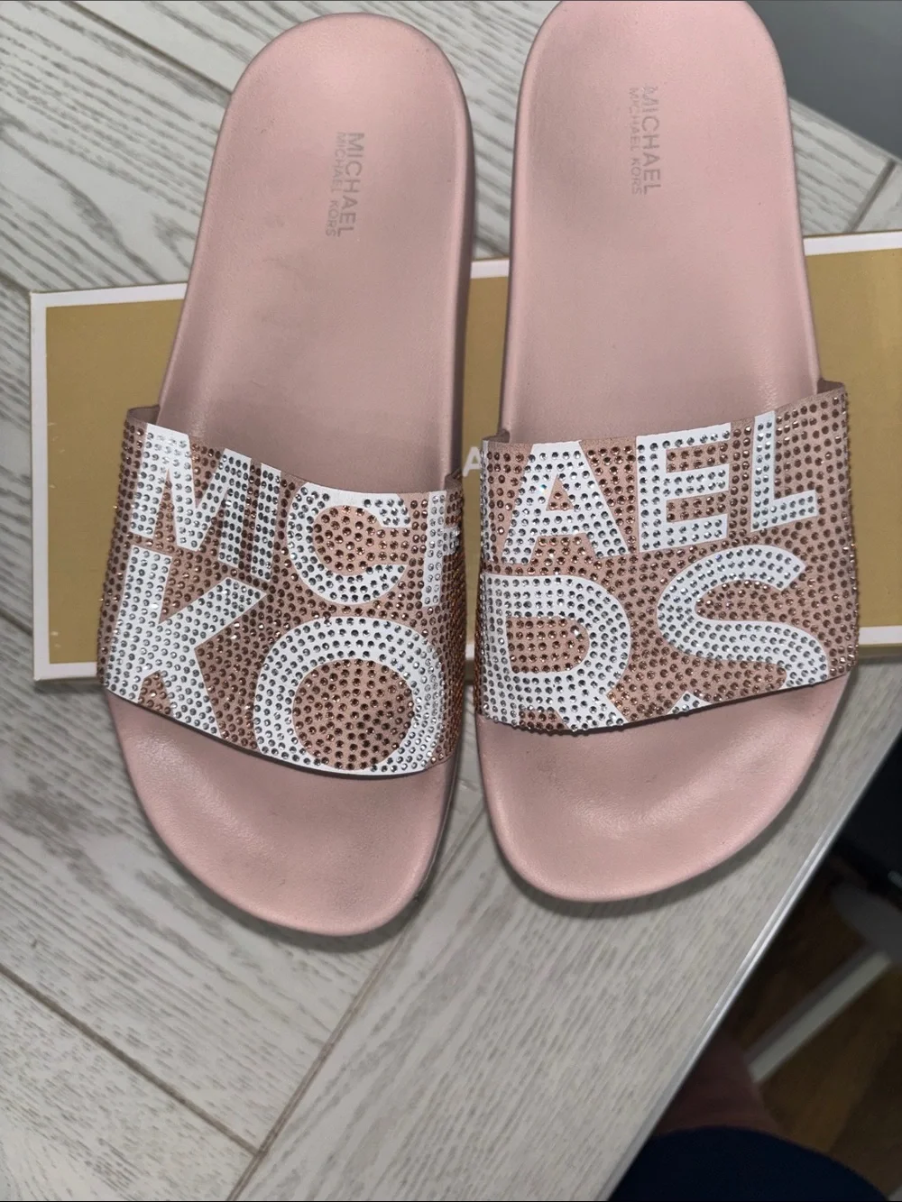 Michael Kors Gilmore Pink Logo Crystal Slide Sandals